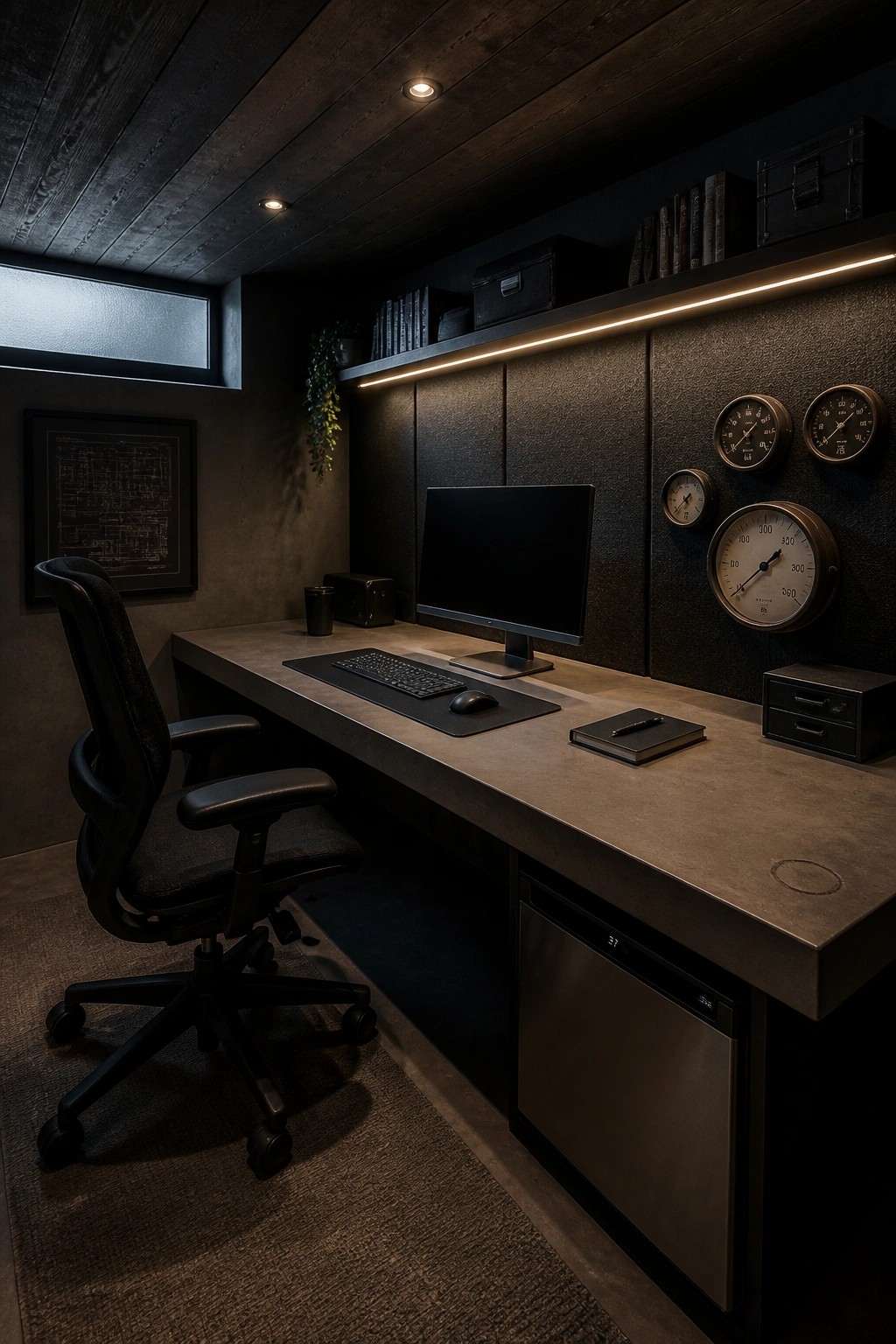 A dimly lit home office featuring a long concrete desk with a computer monitor, keyboard, mouse, black office chair, and round industrial gauges mounted on a dark textured wall.