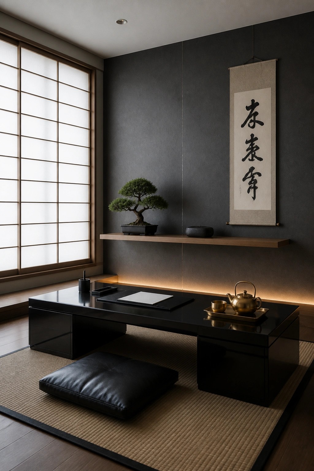 A minimalist interior with a low black table on a tatami mat, a bonsai on a floating shelf, and a calligraphy scroll hanging on a dark wall.