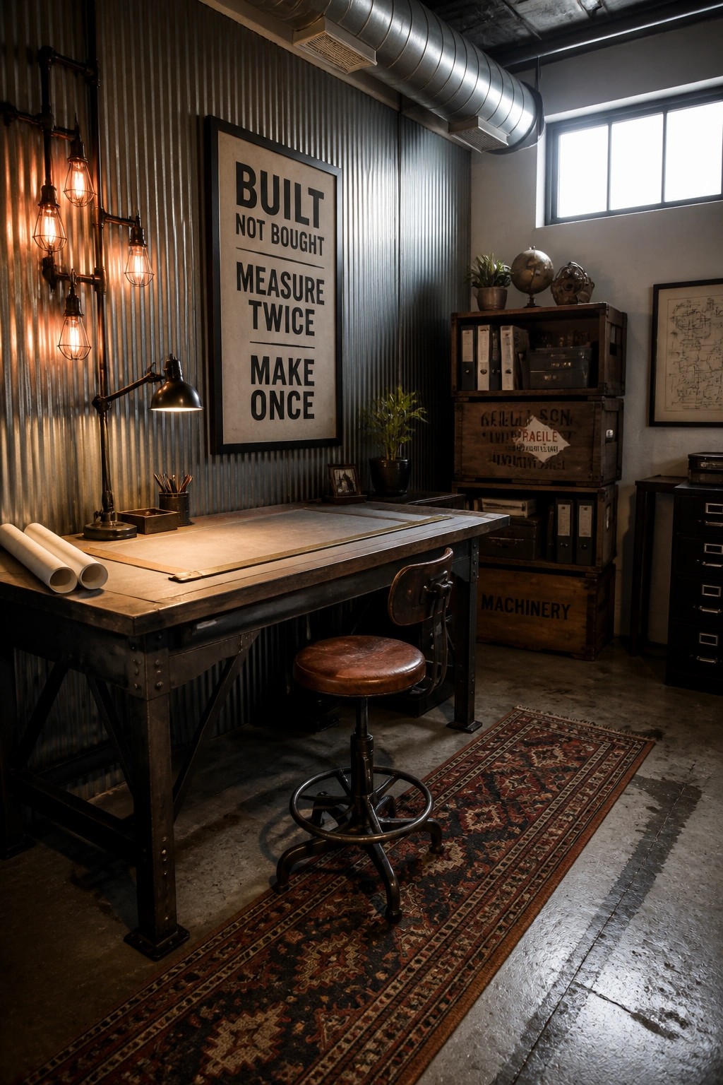 A masculine home office with a large wooden desk on metal legs, an industrial stool, a corrugated metal wall, wooden crates used for storage, and vintage-style lighting.