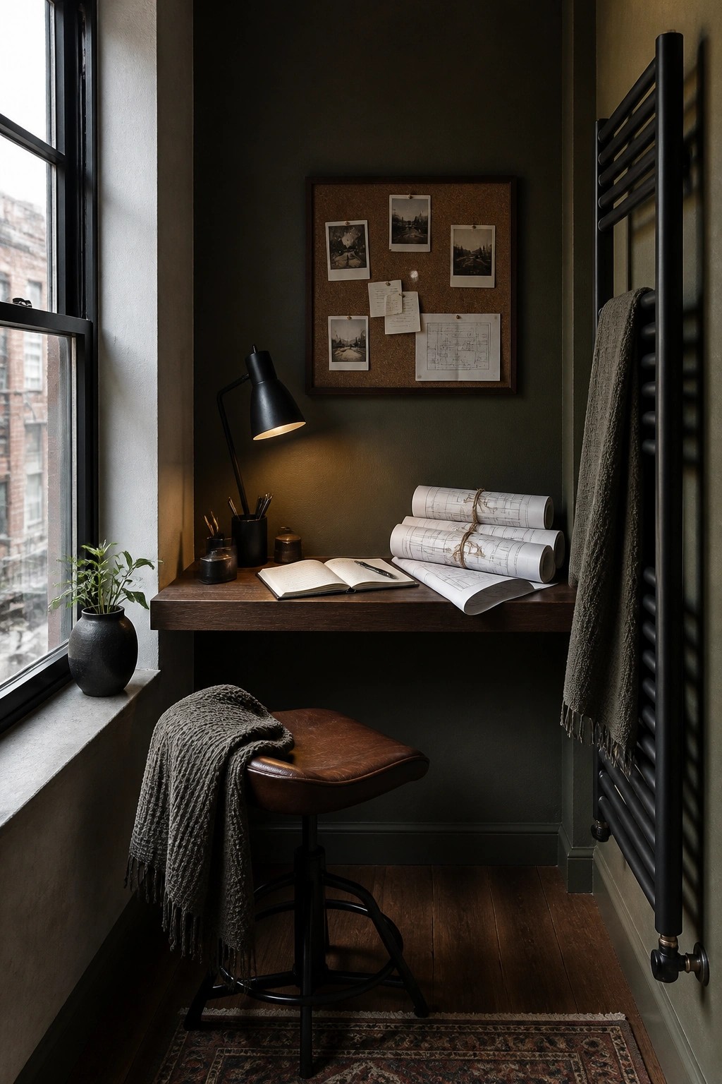 A compact wooden desk mounted on a dark green wall in a small room, with a black desk lamp, open notebook, rolled blueprints, corkboard above, brown leather stool, and a window to the left.