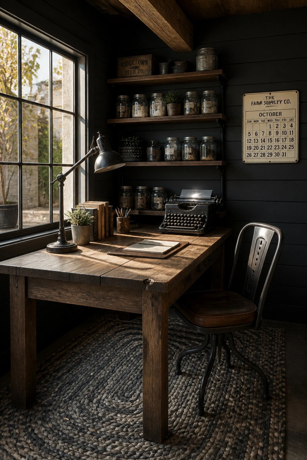 Rustic wooden desk with typewriter and lamp in dark farmhouse office with jar shelves
