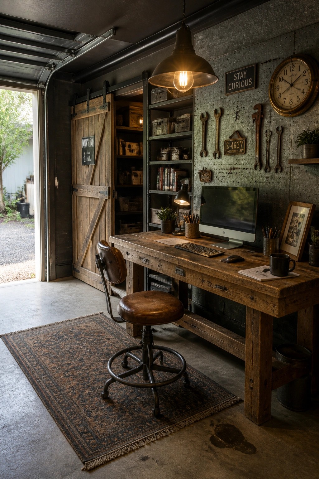 A rustic home office with a large wooden desk, brown leather stool, metal shelving unit, and tools mounted on a concrete wall.
