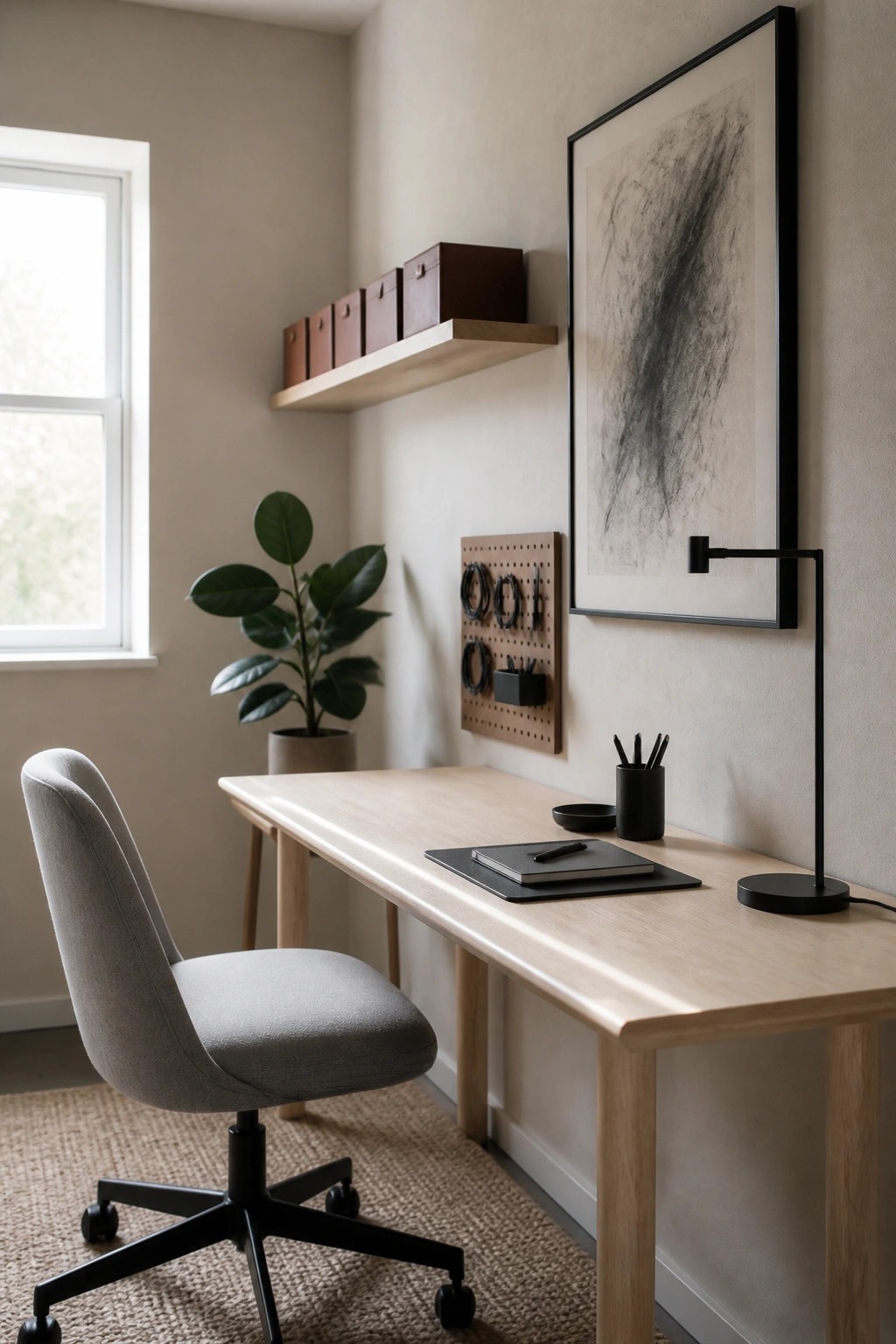 A light wood desk with a gray upholstered office chair sits in front of a wall with a pegboard, floating shelf, and large framed abstract artwork.