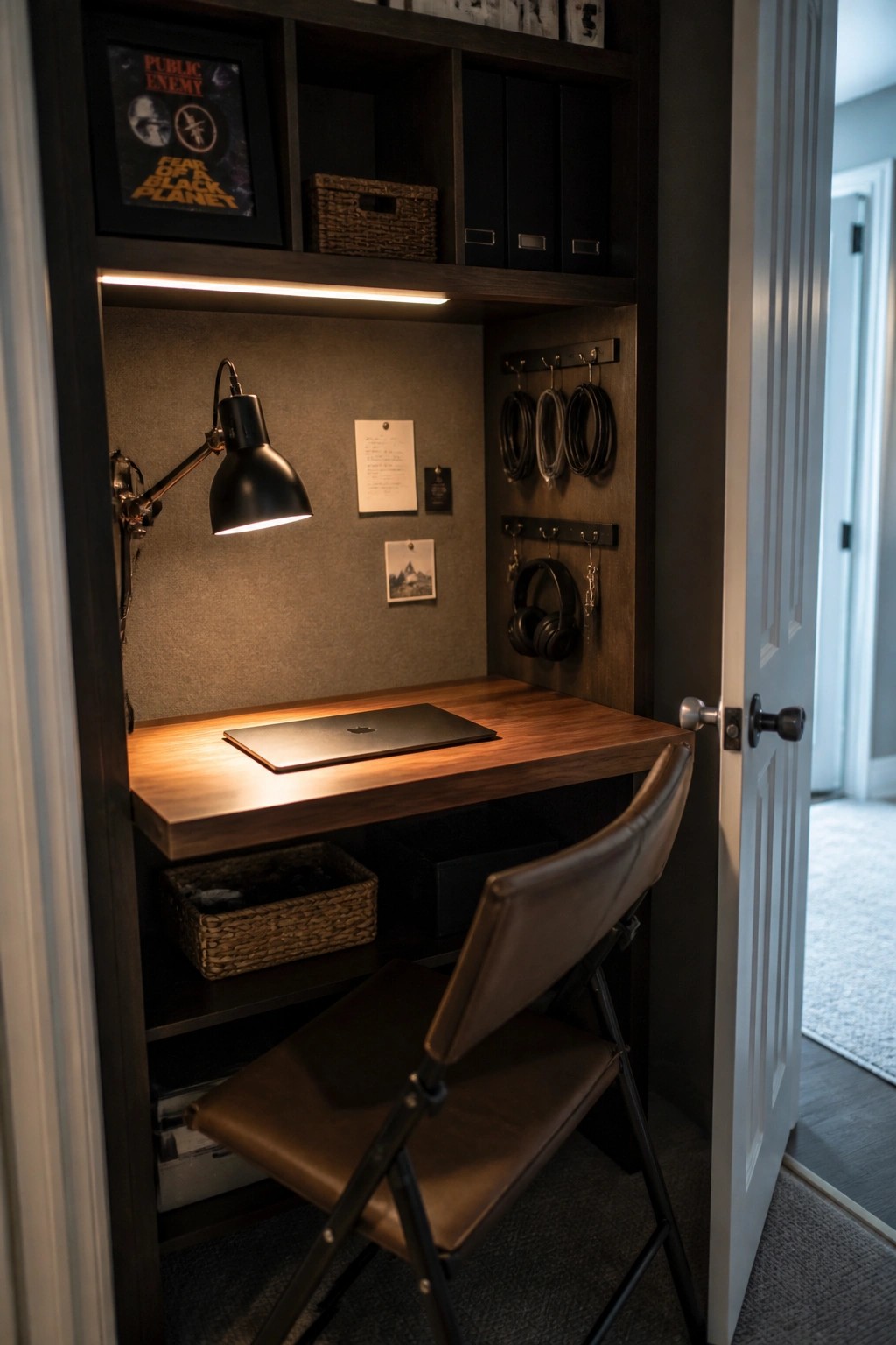 A wooden desk built into a dark closet alcove with a laptop, black swing-arm lamp, under-shelf lighting, and a brown folding chair pulled up to it.