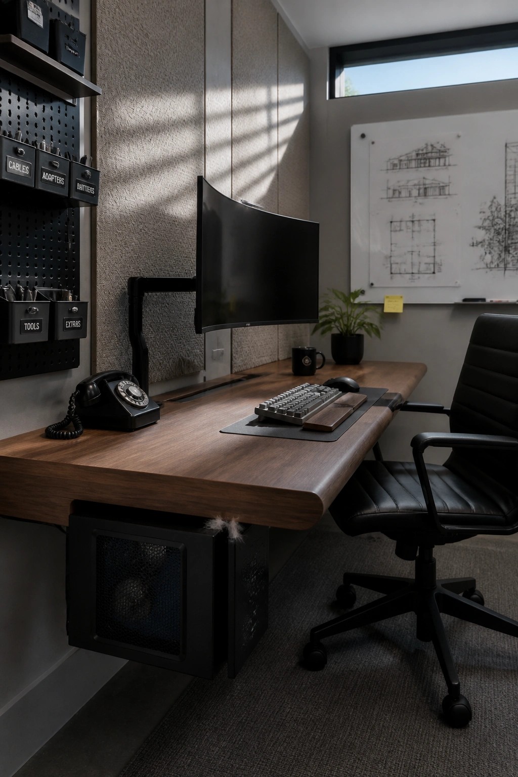 A home office with a wooden desk, curved monitor on an arm mount, black leather chair, and a black pegboard wall holding labeled storage bins on the left side.