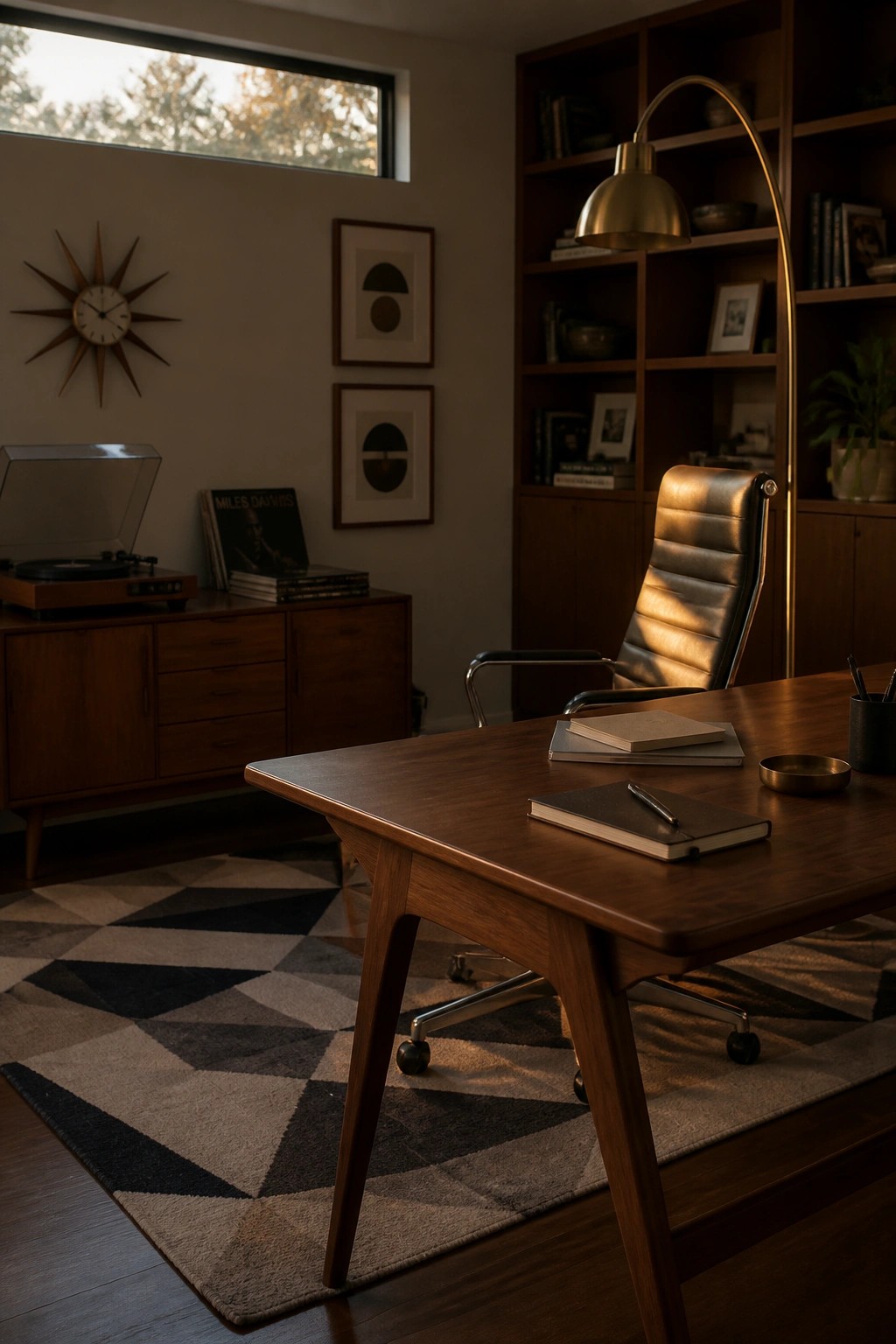 A home office with a large wooden desk, brown leather office chair, built-in wood bookshelves, and a record player on a wooden credenza.