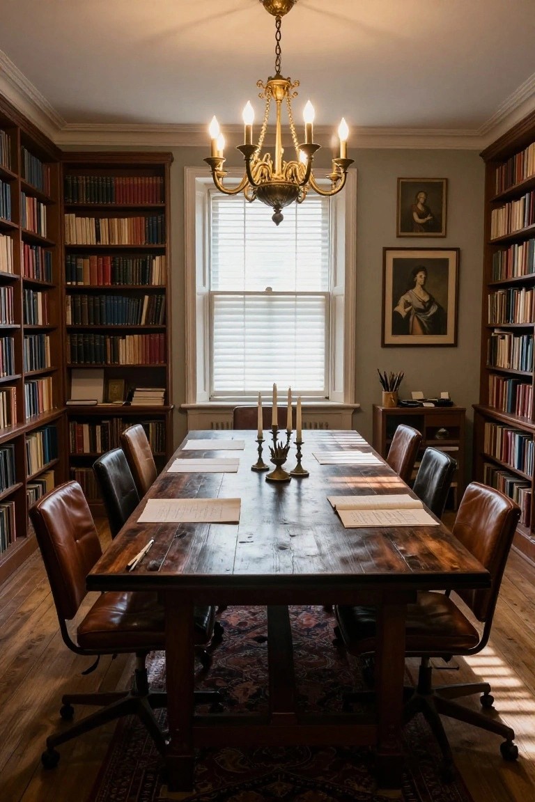 A long wooden table with leather chairs in a room lined with bookshelves and a window at the far end.
