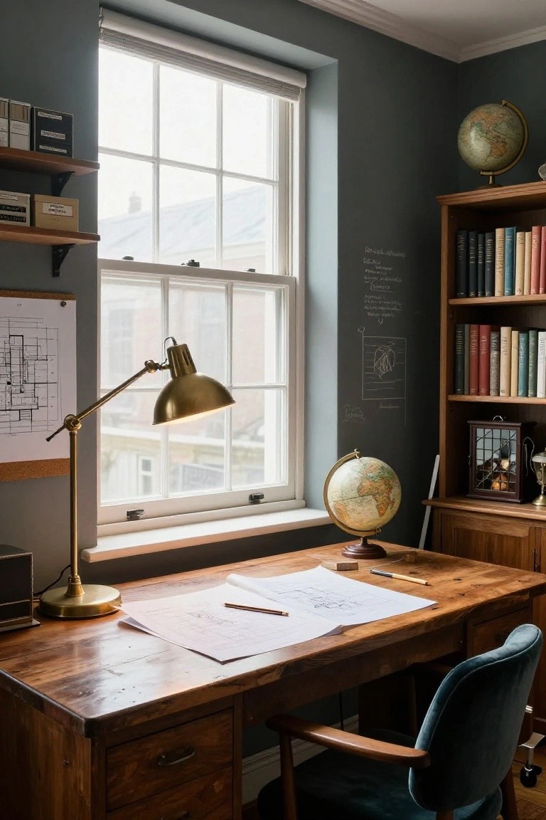 A wooden desk with papers, a brass lamp, and a globe sits before two windows, with a chalkboard wall covered in handwritten notes and diagrams to the right.