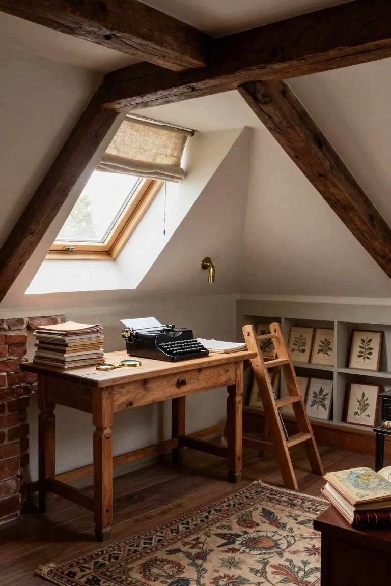 An attic office with a wooden desk holding a typewriter under a skylight, exposed dark beams, a wooden ladder, and framed botanical prints on built-in shelves.