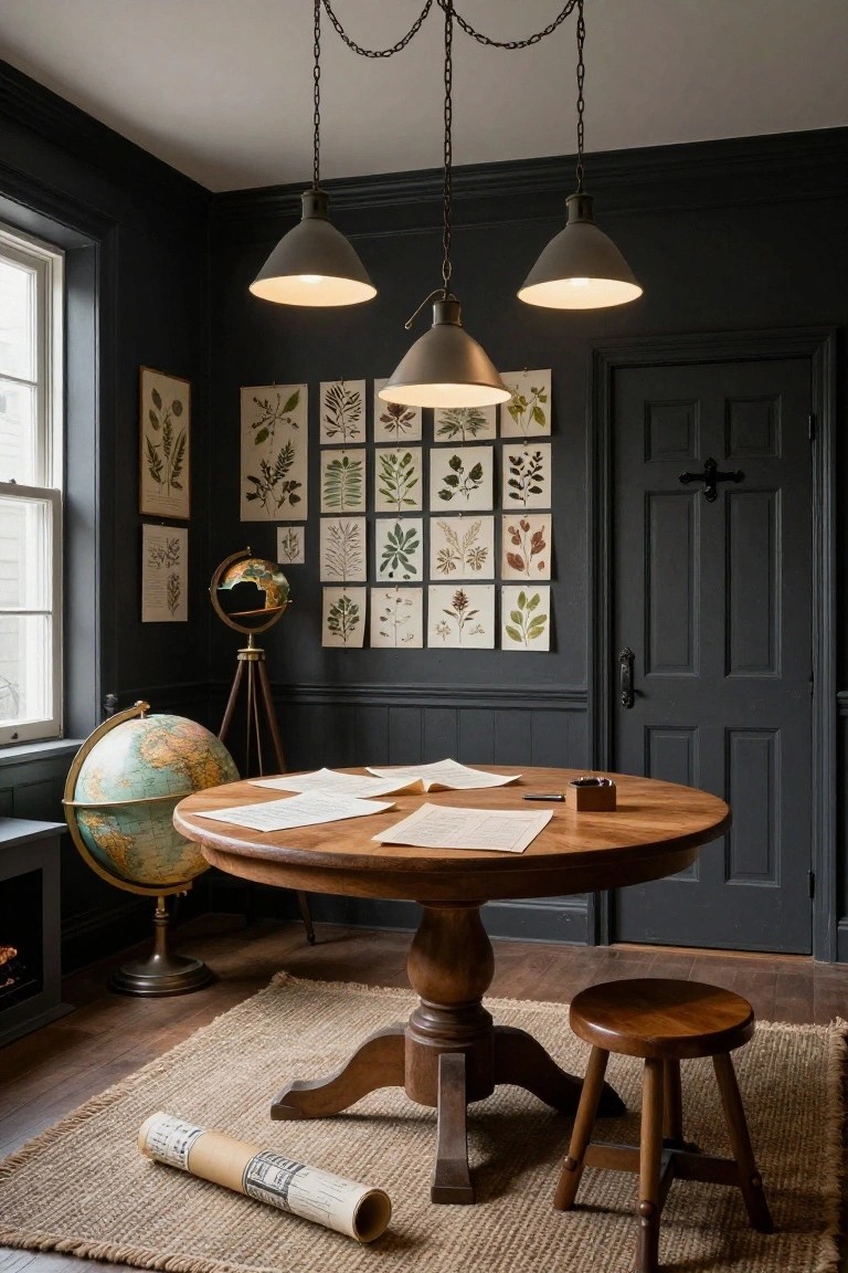 A dark office interior shows a round wooden table beneath three pendant lights, a grid of framed botanical prints on the wall, and a globe on a stand near a window.