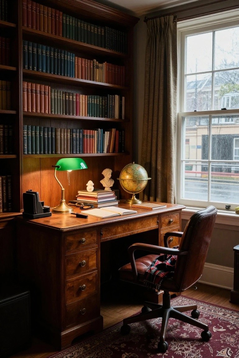 A wooden desk with a green lamp and open book sits beneath tall built-in bookshelves filled with books, next to a window and a leather office chair.
