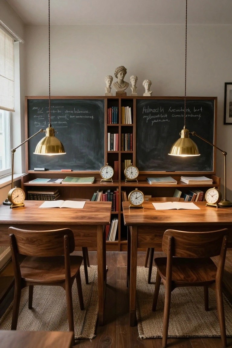 Two wooden desks with open books and chairs sit in front of a built-in wooden unit that holds bookshelves between two large chalkboards, with brass lamps and small clocks on the shelves.