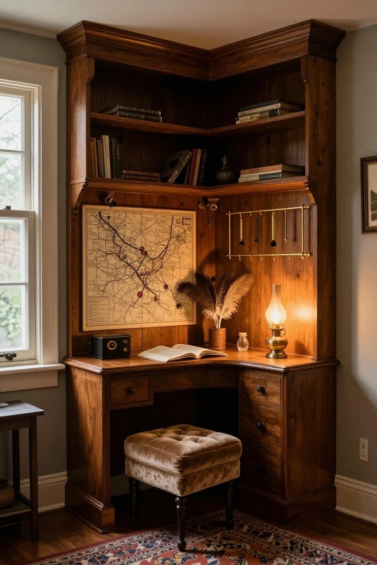 A wooden corner desk with overhead built-in bookshelves, an open book, oil lamp, and framed map on the wall above the desk.