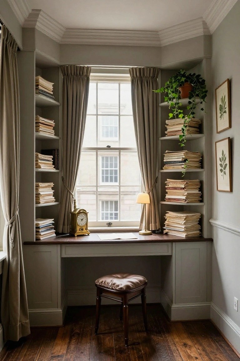 A desk set under a large window with built-in shelves on both sides filled with stacked books and a small stool in front.