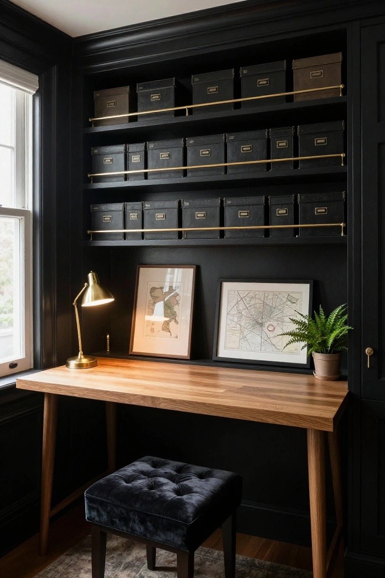 Black built-in shelves with boxes above wooden desk, brass lamp, and velvet stool
