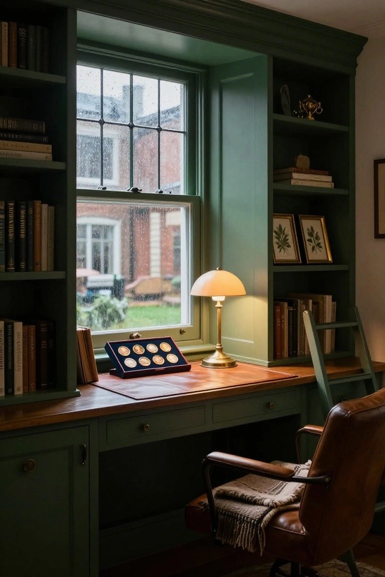A wooden desk sits beneath a multi-paned window and is surrounded by green built-in bookshelves filled with books, with a leather chair pulled up to the desk.