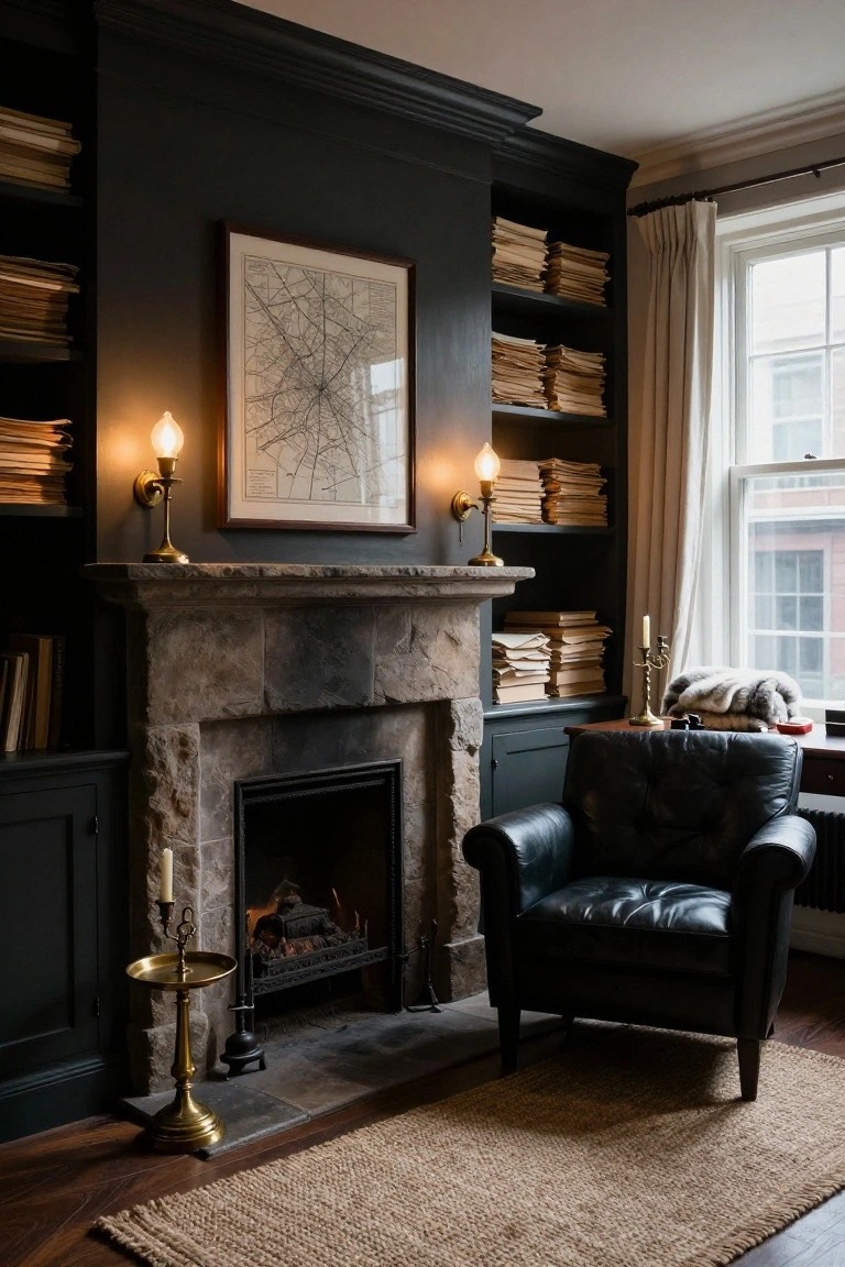 Cozy dark library with stone fireplace, black leather chair, bookshelves, and framed map.
