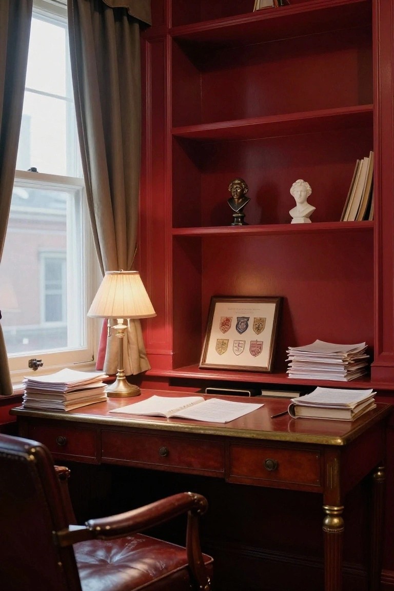 A dark wood desk with papers and a lamp sits below red built-in shelves holding busts, a framed crest, and stacks of documents.