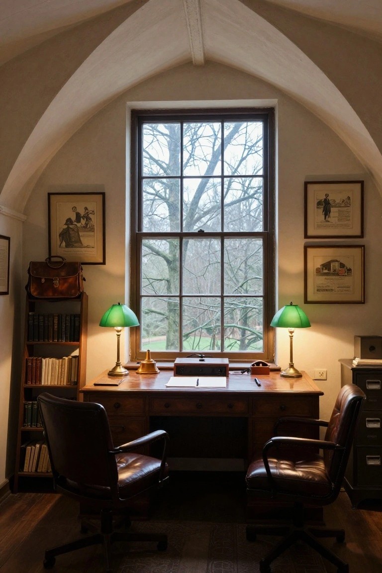 A wooden desk centered beneath a large multi-paned window in a study, with two green lamps on either side, two leather chairs, and a bookshelf to the left.