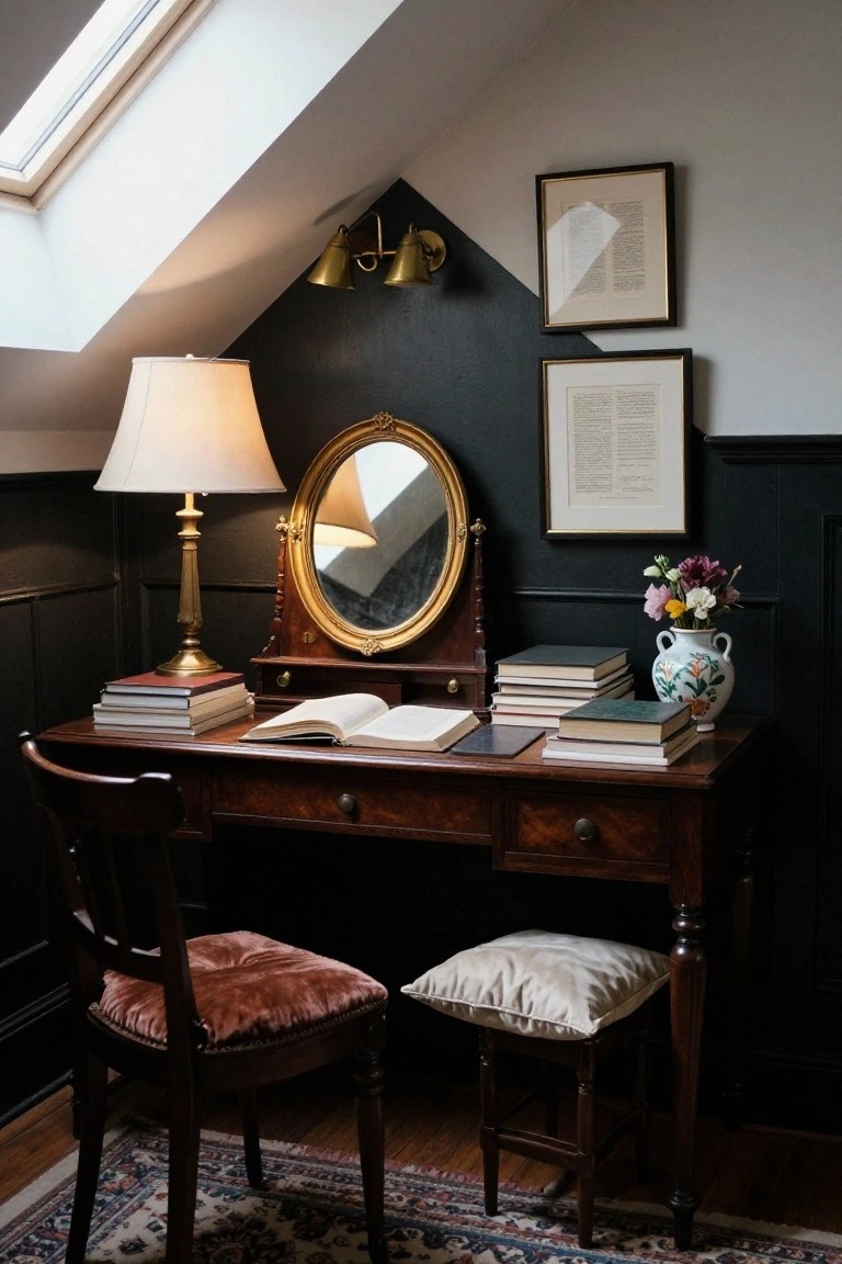 A wooden desk with an oval mirror, open book, lamp, and stacks of books sits against dark walls in an attic-style room.