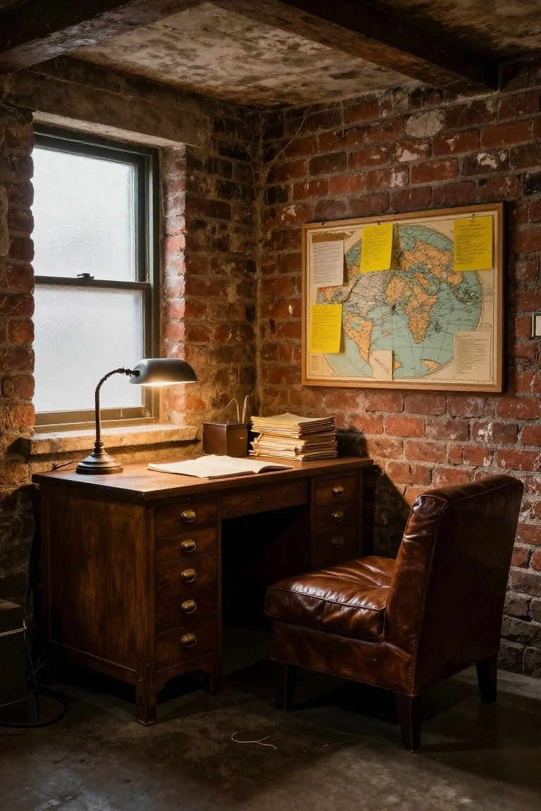 A wooden desk with an open book and lit lamp is positioned against a red brick wall, beside a brown leather chair and a framed world map with yellow notes attached.