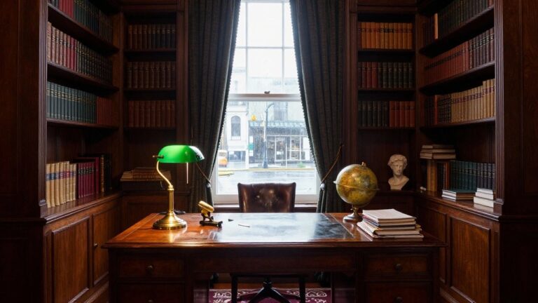 21 Dark Academia Office Ideas for a Deep and Scholarly Atmosphere A wooden desk with a green lamp and open book sits beneath tall built-in bookshelves filled with books, next to a window and a leather office chair.