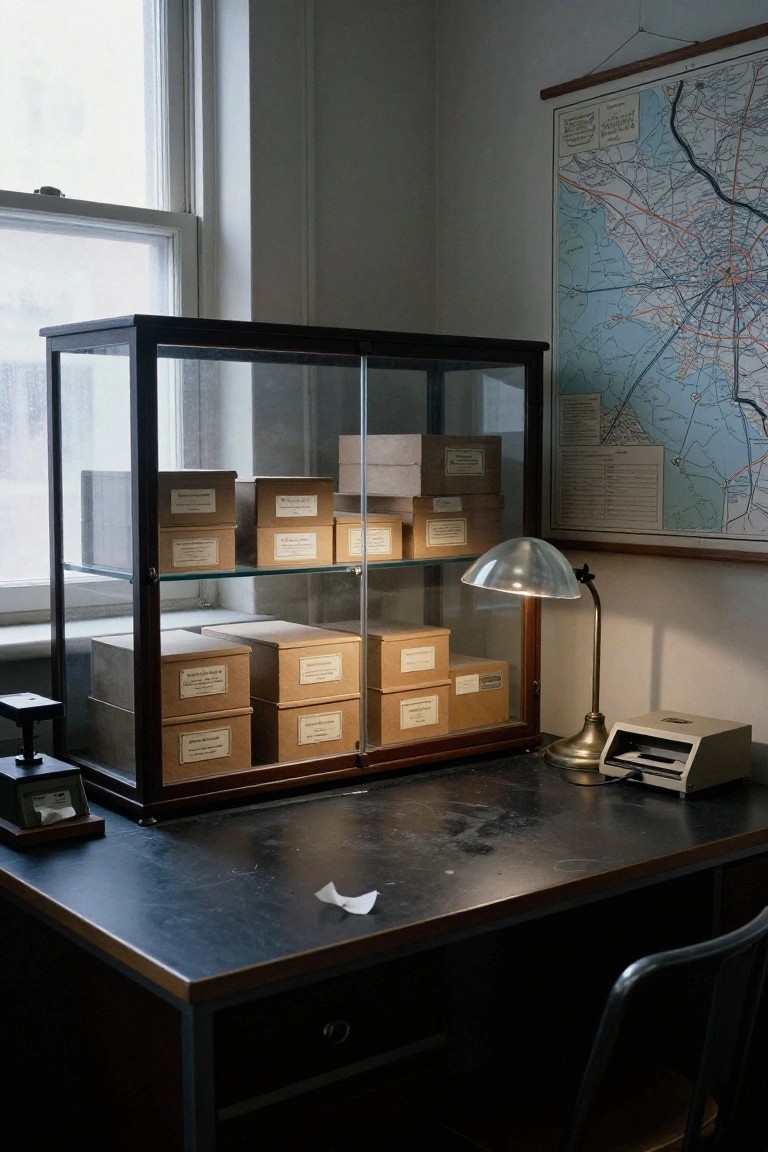 A dark desk holds a glass cabinet filled with labeled cardboard boxes beside a desk lamp and a map on the wall.