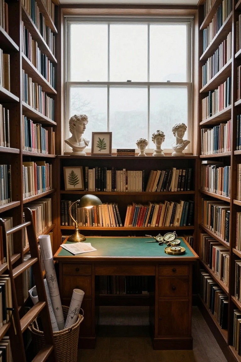 A wooden desk with a green top is set in front of a large window and surrounded by floor-to-ceiling wooden bookshelves filled with books and several classical busts.