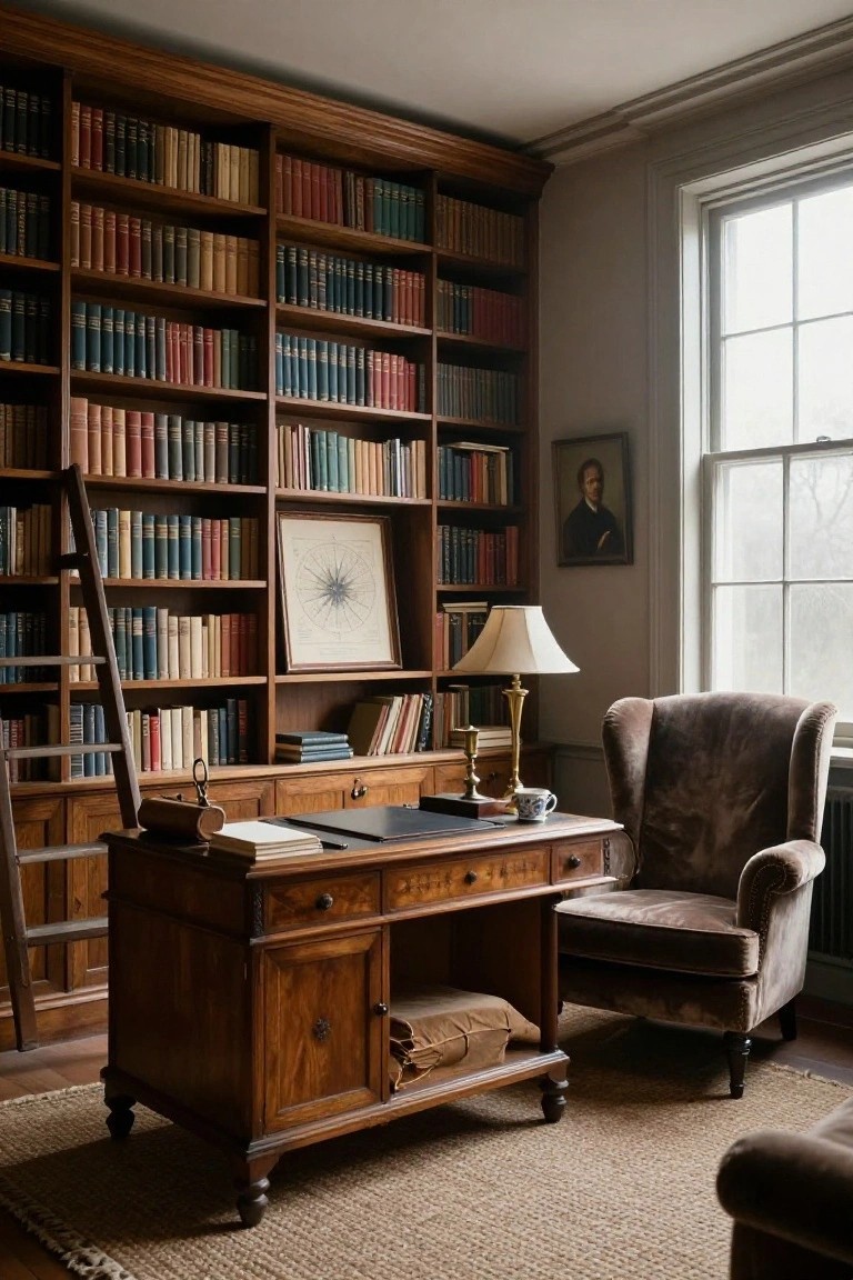 A traditional home office with floor-to-ceiling wooden bookshelves filled with books, a large wooden desk, a brown armchair, and a window on the right.