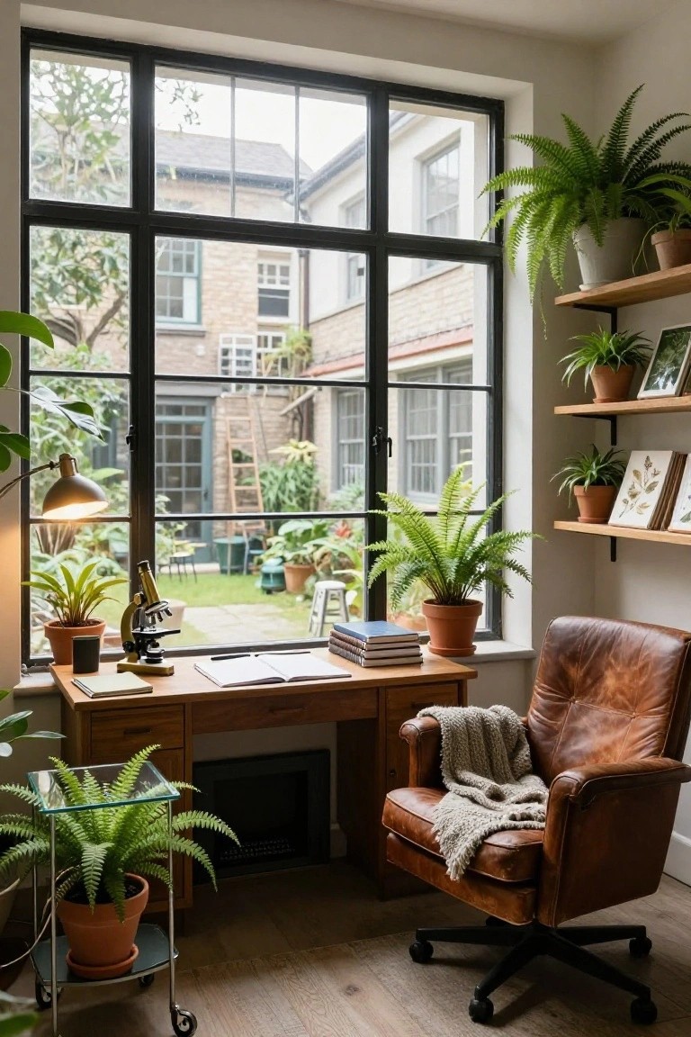 A wooden desk with an open book and microscope sits beneath a large multi-paned window, with a brown leather chair nearby.