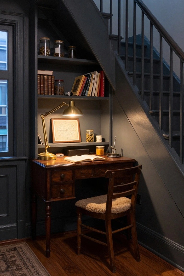 A wooden desk with an open book and brass lamp sits under a staircase with shelves holding books and glass jars above it, next to a wooden chair with a fur seat cushion.