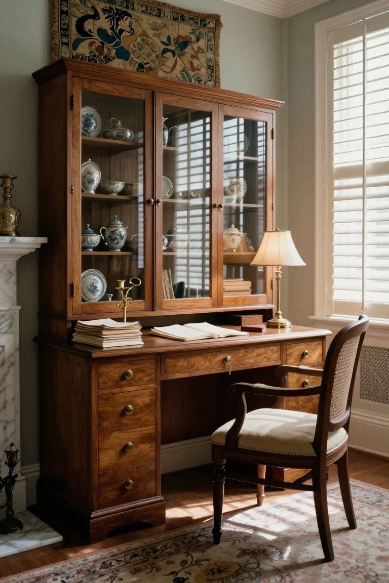 A wooden desk with a hutch of glass-front cabinets filled with books and decorative items, next to a wooden chair with a woven back.