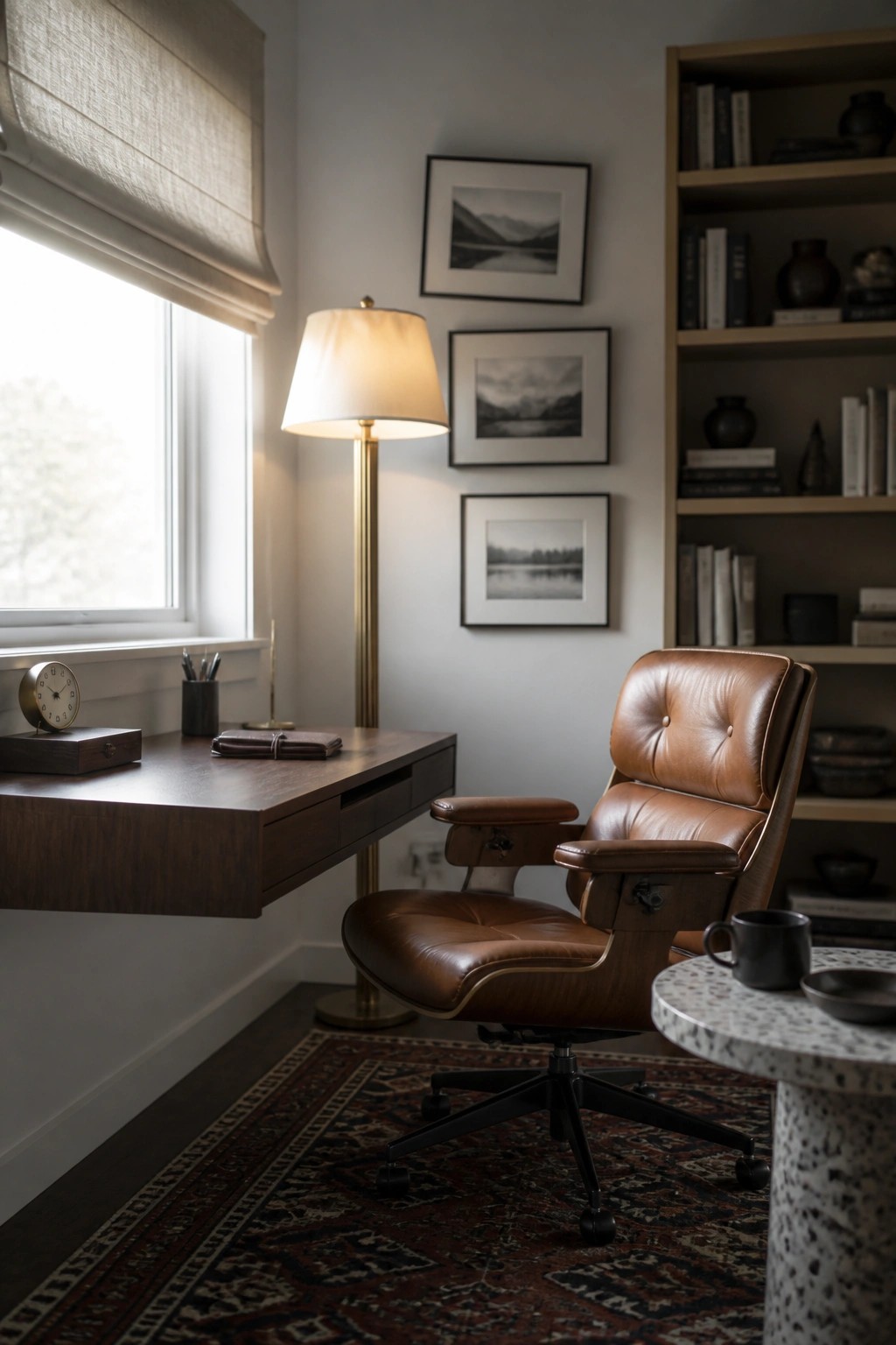 A brown leather swivel office chair sits at a wooden desk in a home office with a floor lamp, framed art, and a bookshelf nearby.