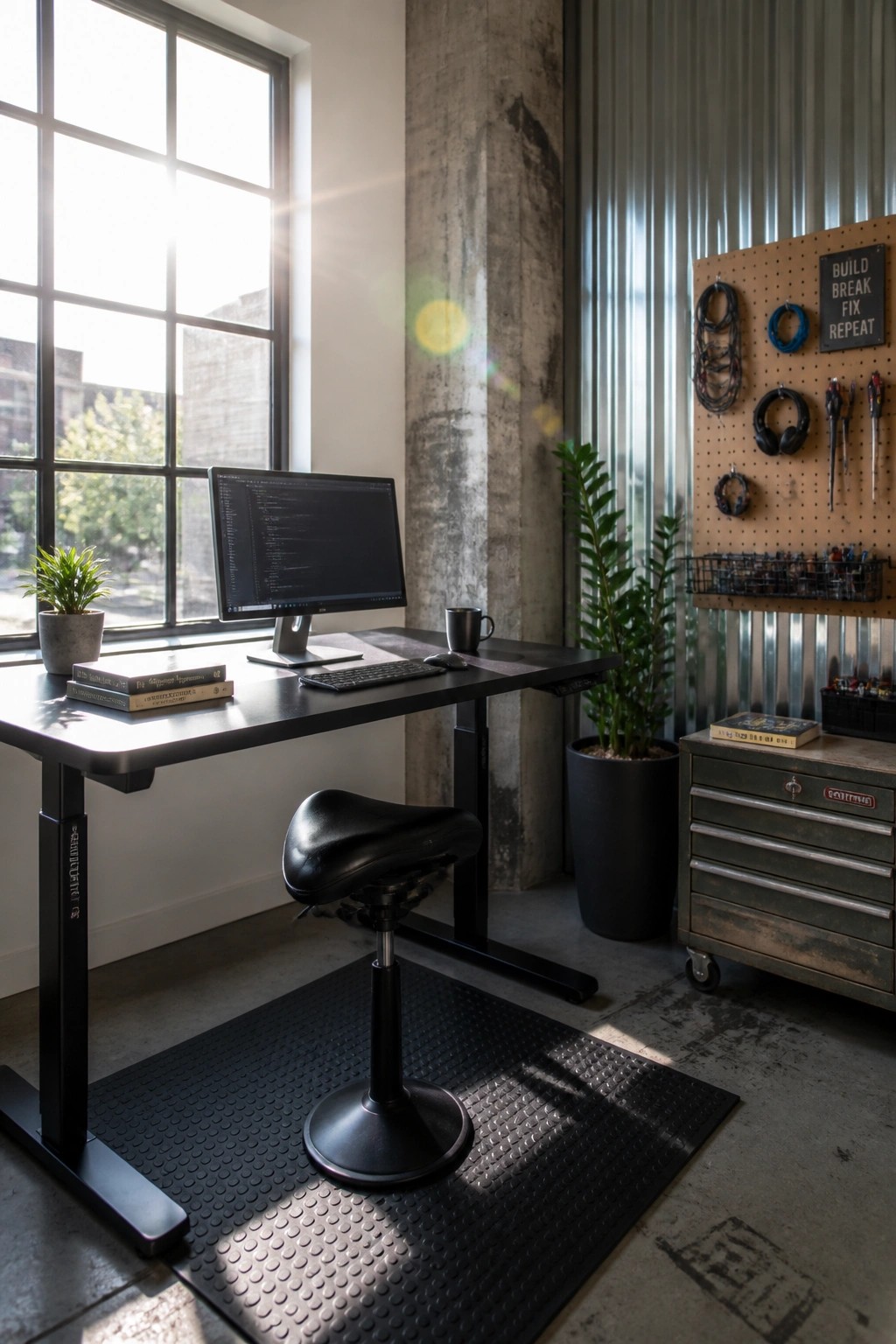 A home office featuring a black adjustable standing desk, saddle stool on a textured mat, and large window with natural light.