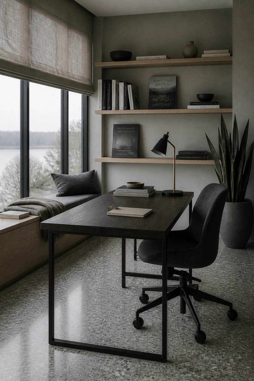 A home office with a dark wood desk, black ergonomic rolling chair, floating shelves, and a window seat with gray cushions.