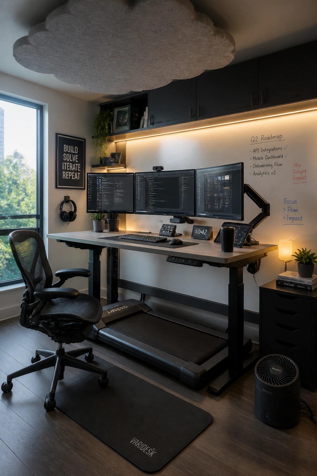 A modern home office featuring a height-adjustable desk with three monitors, an ergonomic mesh chair, and a black treadmill positioned underneath the desk.