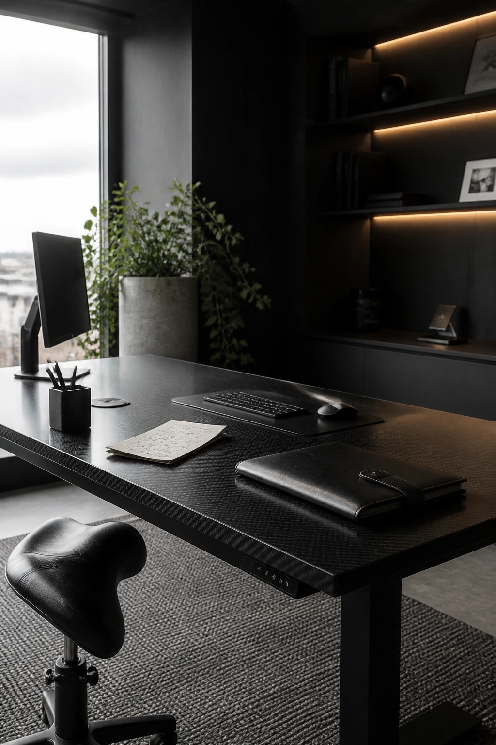 A dark modern home office featuring a black carbon fiber desk with an ergonomic saddle stool, computer setup, and built-in shelving.