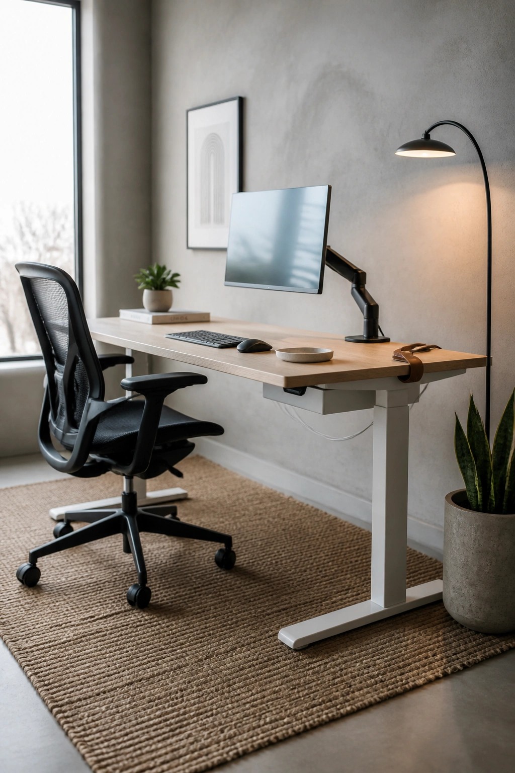 A home office featuring a light wood adjustable standing desk with a black ergonomic mesh chair, computer monitor on an arm, keyboard, and a woven jute rug.
