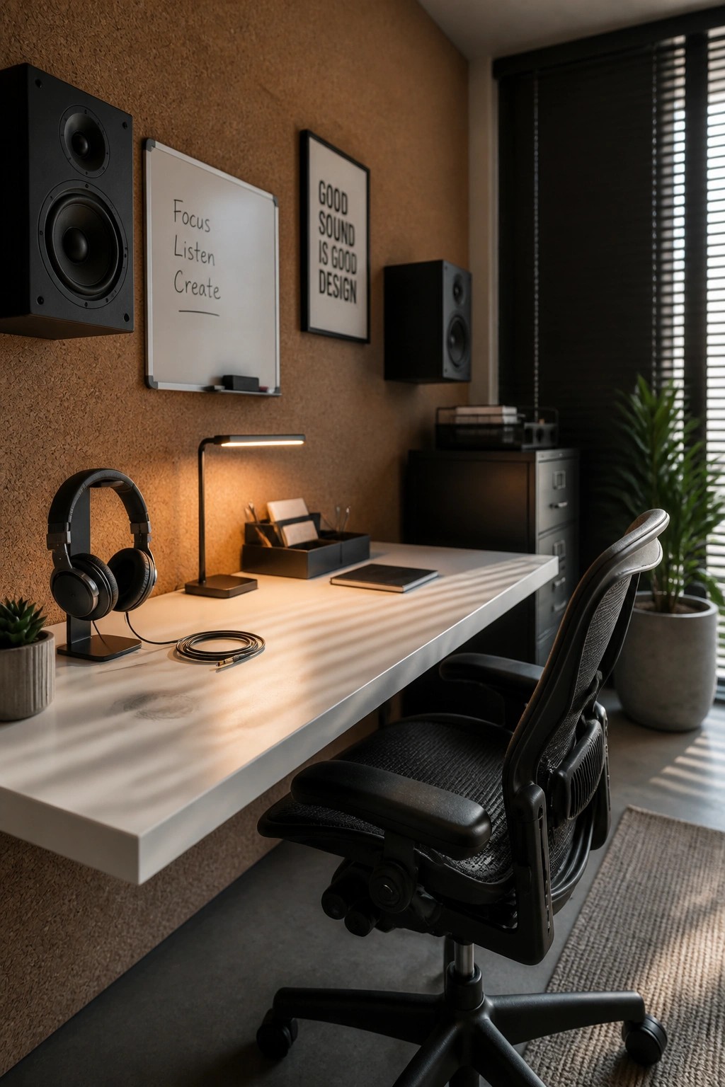 A home office featuring a black ergonomic mesh office chair at a white floating desk against a textured brown wall with mounted speakers and a whiteboard.