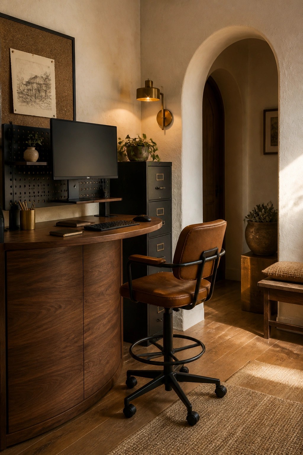 A home office featuring a curved wooden desk, brown leather swivel chair with black frame, computer monitor on a wall-mounted pegboard, and dark filing cabinet.