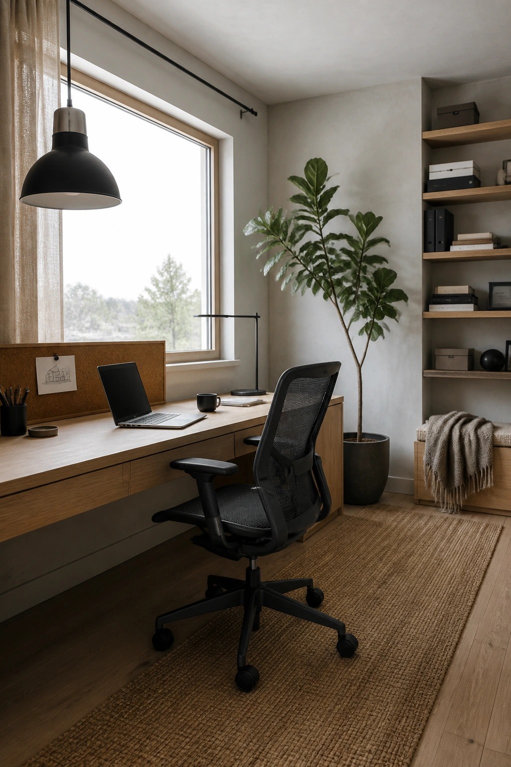 A modern home office featuring a black ergonomic mesh office chair positioned at a light wood desk beneath a large window with a black pendant light overhead.