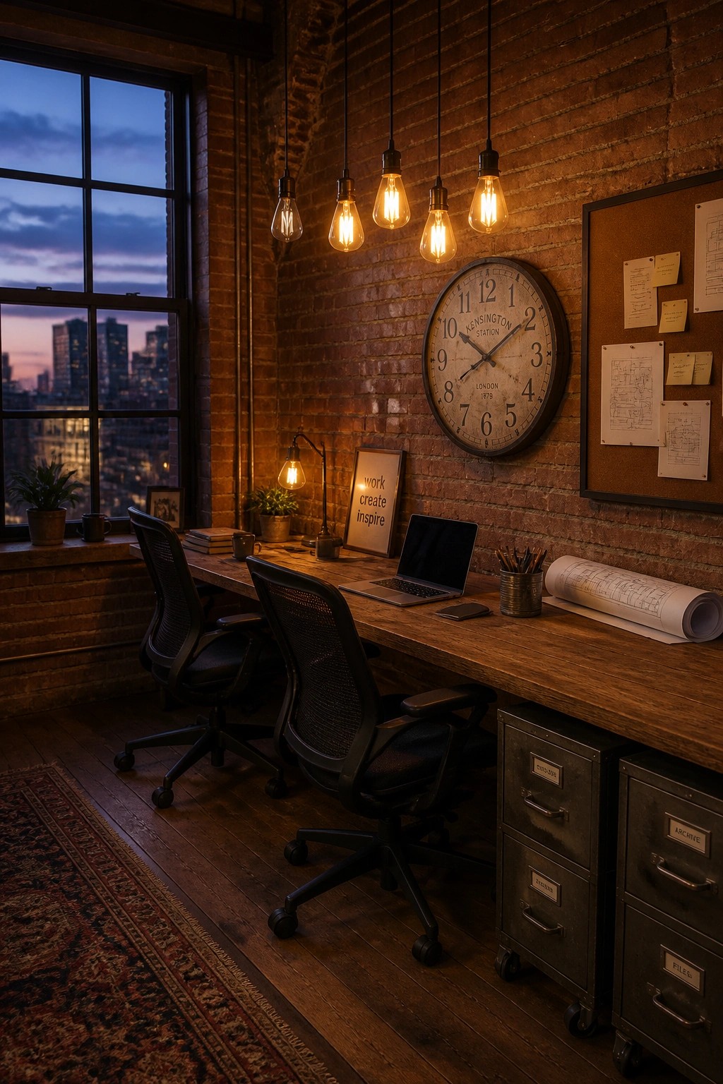 A masculine home office featuring a long wooden desk with two black ergonomic mesh chairs, exposed brick walls, hanging Edison bulbs, and metal filing cabinets.
