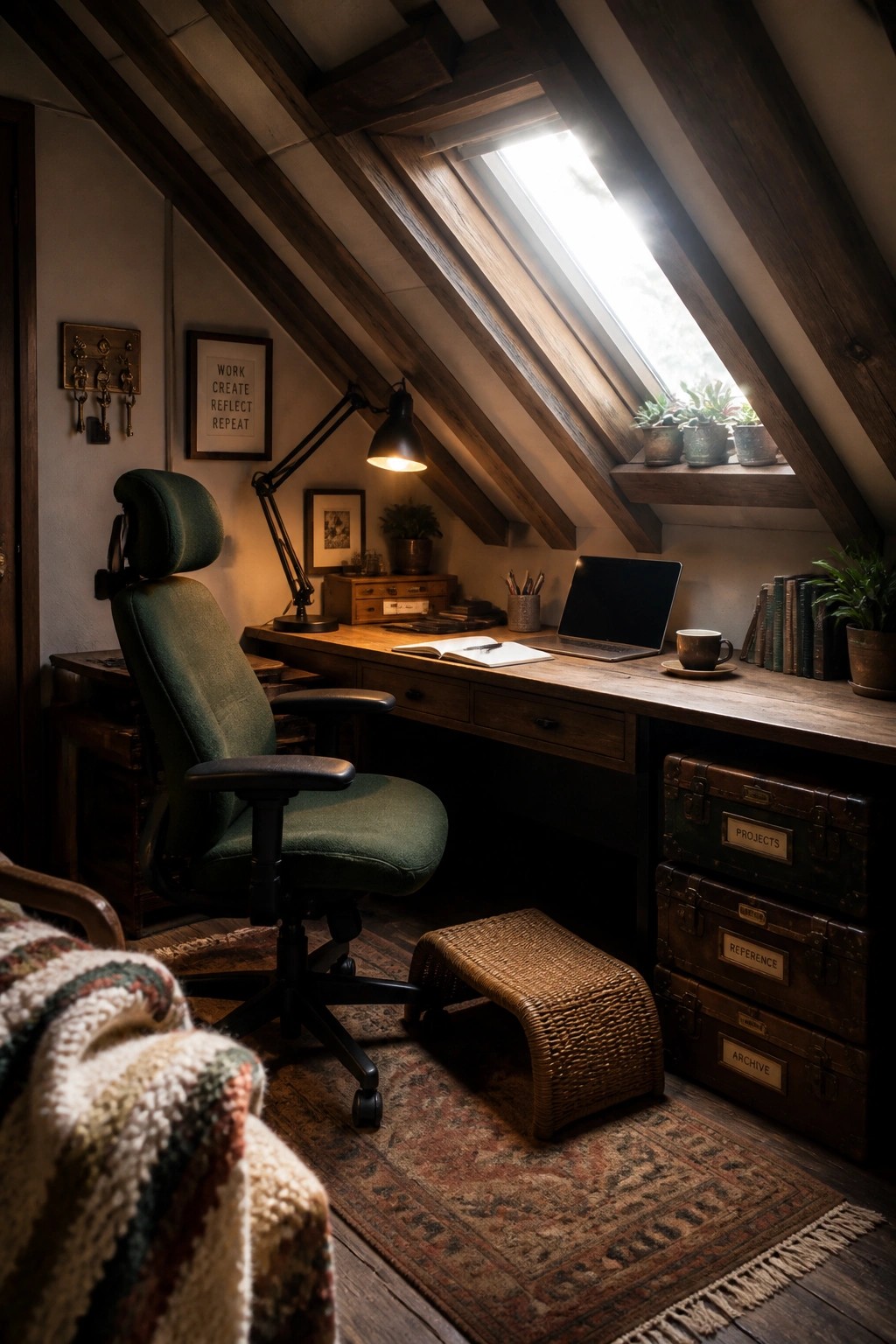 A green ergonomic office chair at a wooden desk with a woven footrest in front, a laptop, desk lamp, and skylight overhead in an attic room.