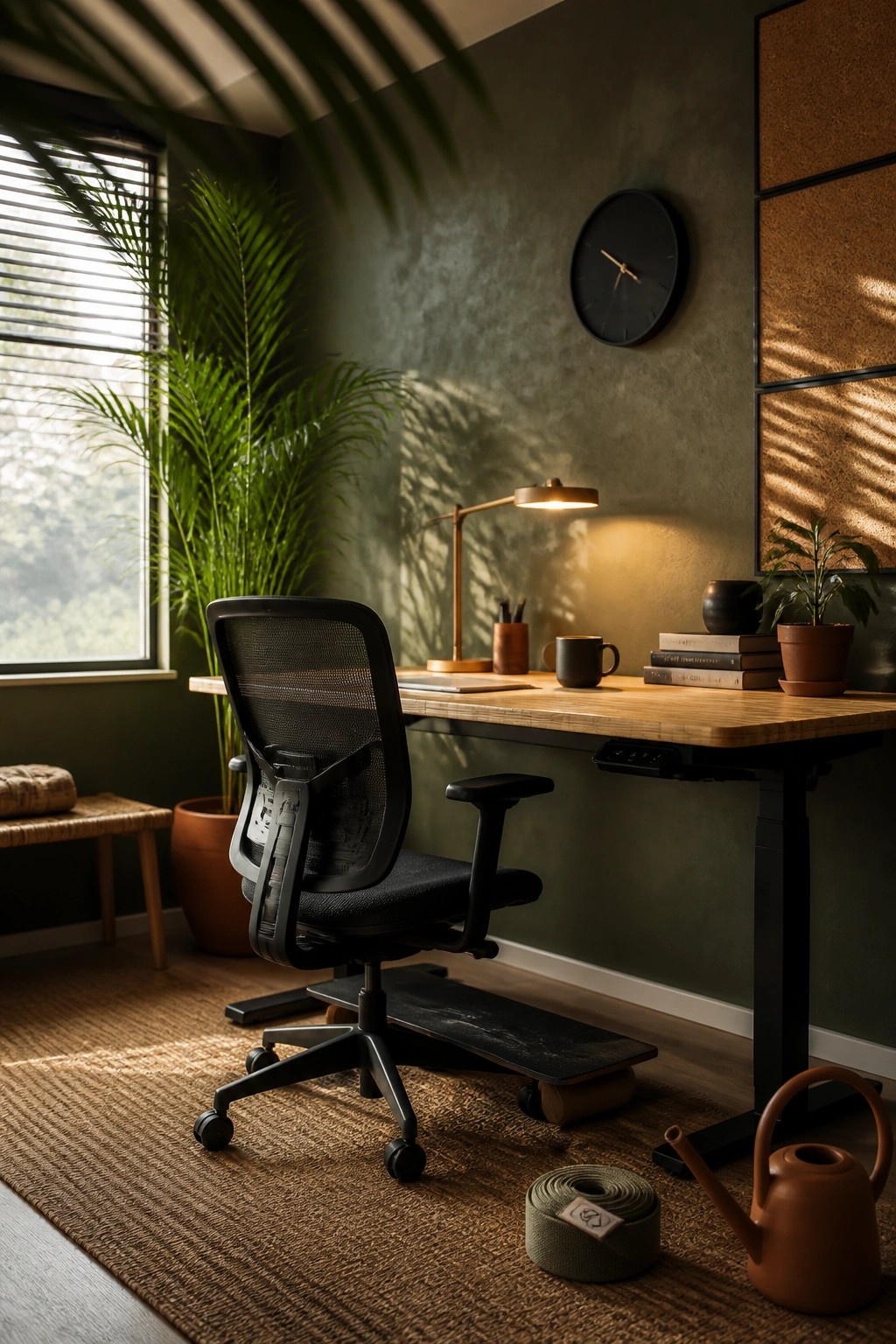 A black mesh ergonomic office chair at a wooden standing desk in a green home office with plants and a window.