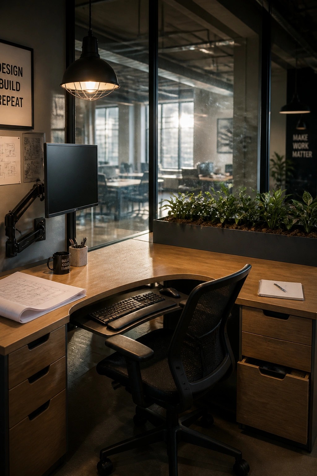 A modern home office with a curved wooden desk, black ergonomic mesh chair, monitor on an arm, keyboard tray, and pendant light.