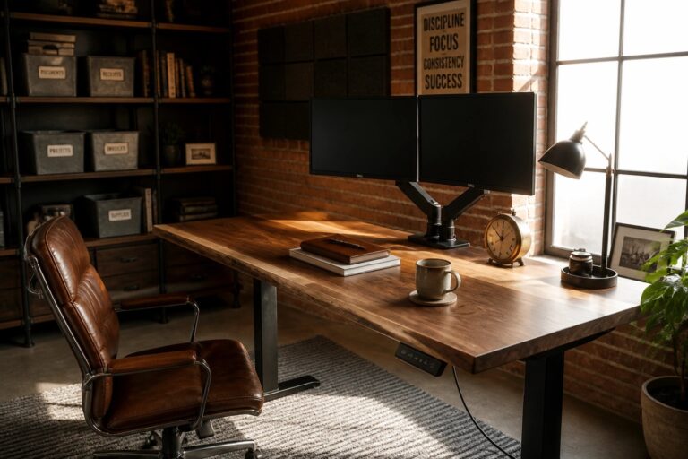 23 Ergonomic Masculine Home Office Ideas for All-Day Comfort A home office with a height-adjustable wooden desk, brown leather office chair, dual monitors on a wall mount, and shelves in the background.