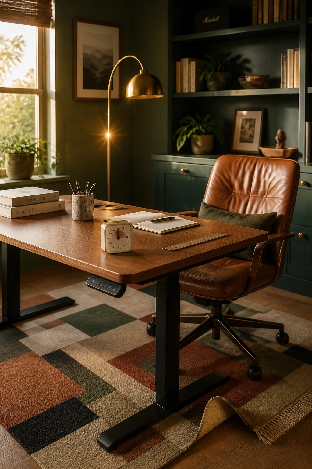 A wooden height-adjustable desk with a brown leather office chair, open notebook, and floor lamp in a dark green home office with a window and built-in shelves.