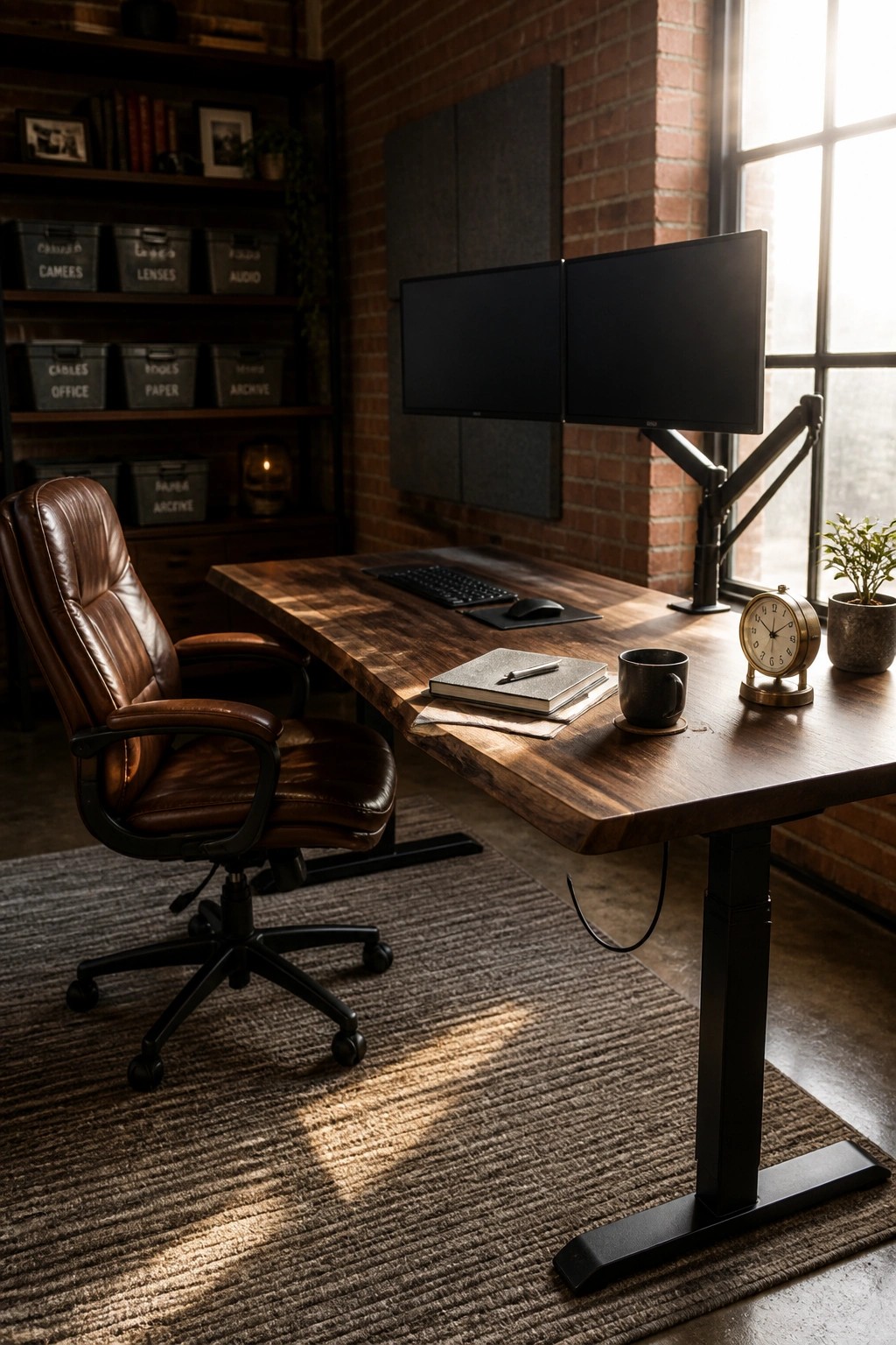 A home office with a height-adjustable wooden desk, brown leather office chair, dual monitors on a wall mount, and shelves in the background.