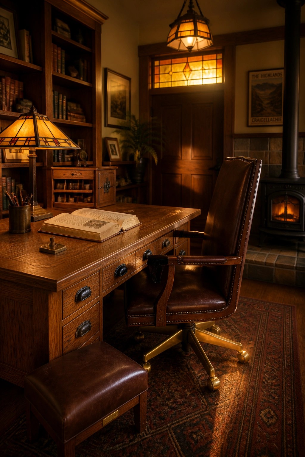 A wooden desk with an open book, brown leather office chair on a gold base, and matching leather footstool in a traditional home office with bookshelves and a fireplace.