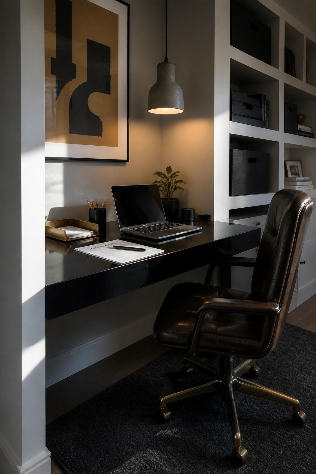 Modern office with black desk, brown leather chair, pendant light, and abstract art.